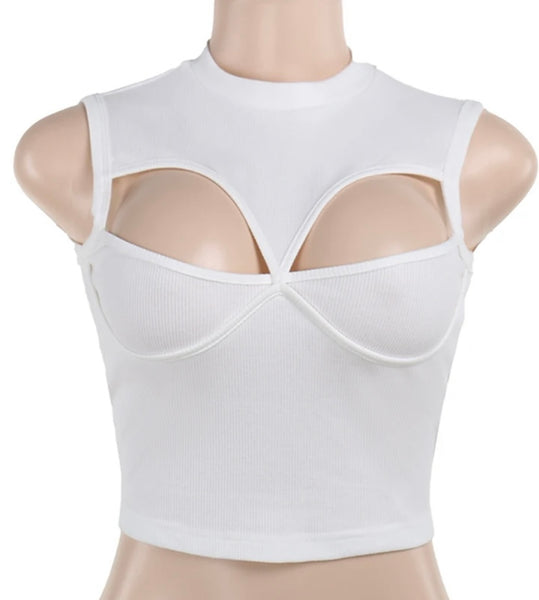 Women Fashion White Ribbed Sleeveless Crop Top