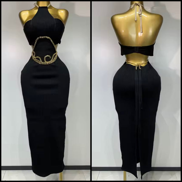 Women Black Halter Sleeveless Sexy Gold Chain Bandage Maxi Dress