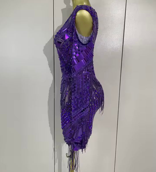 Women Sexy Crystal Mirror Mesh Full Sleeve Tassel Dress