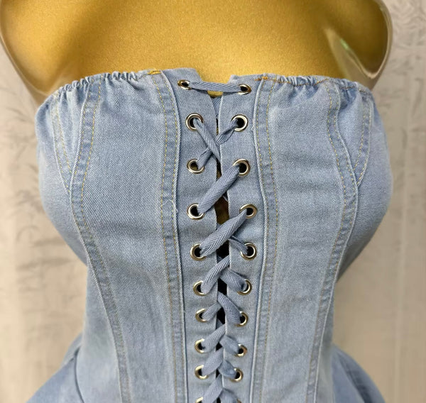 Women Sexy Fashion Strapless Lace Up Denim Romper