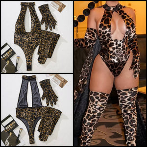 Women Sexy Halter Sleeveless Leopard Print Bodysuit Lingerie Set