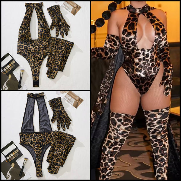 Women Sexy Halter Sleeveless Leopard Print Bodysuit Lingerie Set