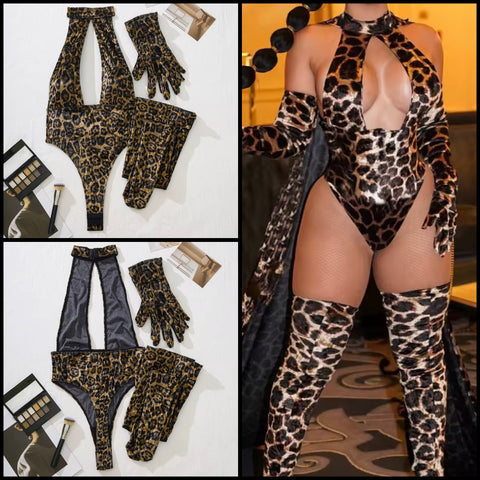 Women Sexy Halter Sleeveless Leopard Print Bodysuit Lingerie Set