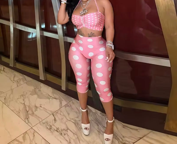 Women Sexy Pink Polka Dot Halter Sleeveless Three Piece Capri Pant Set