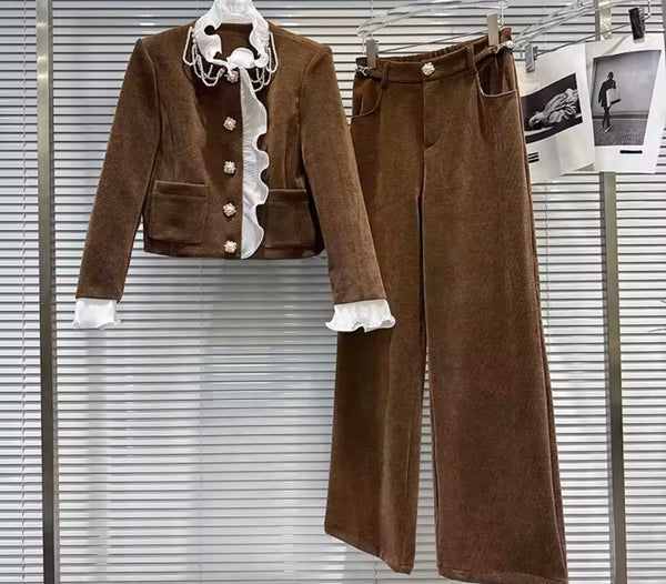 Women Lace Patchwork Brown Corduroy Blazer Two Piece Pant Set