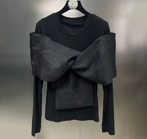 Women Fashion Black/White Bow Full Sleeve Top