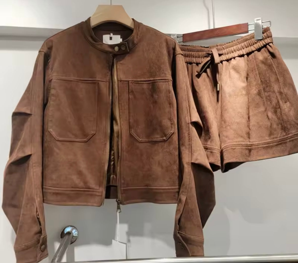 Women Brown Suede Zip Up Jacket Two Piece Short Set