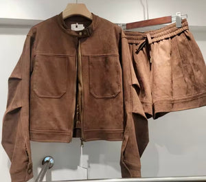 Women Brown Suede Zip Up Jacket Two Piece Short Set