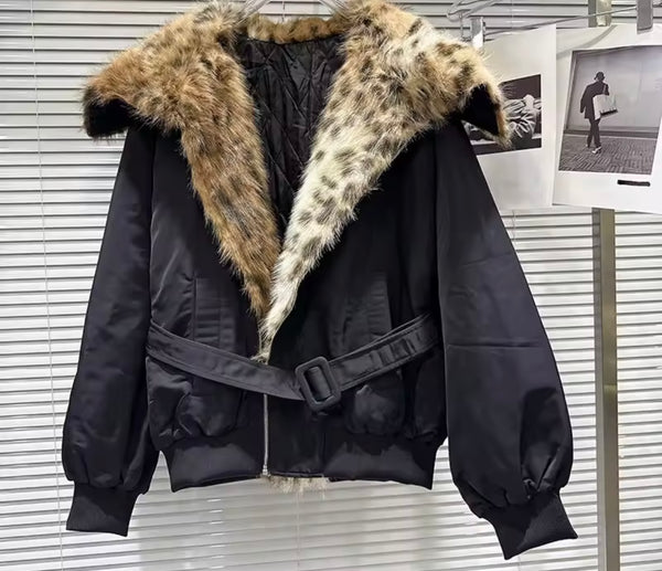 Women Black Leopard Faux Fur Patchwork Belted Jacket