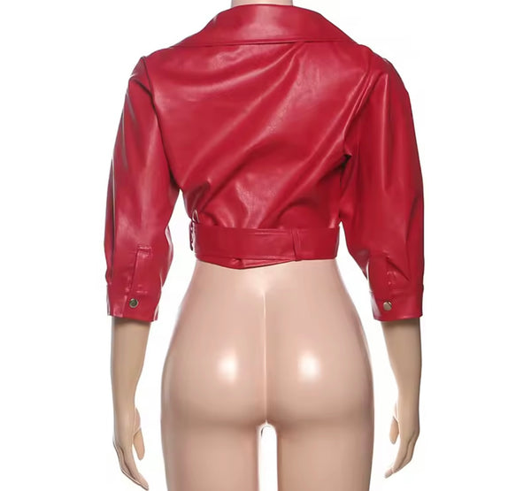 Women Color Fashion Zip Up Buckled Faux Leather Crop Jacket