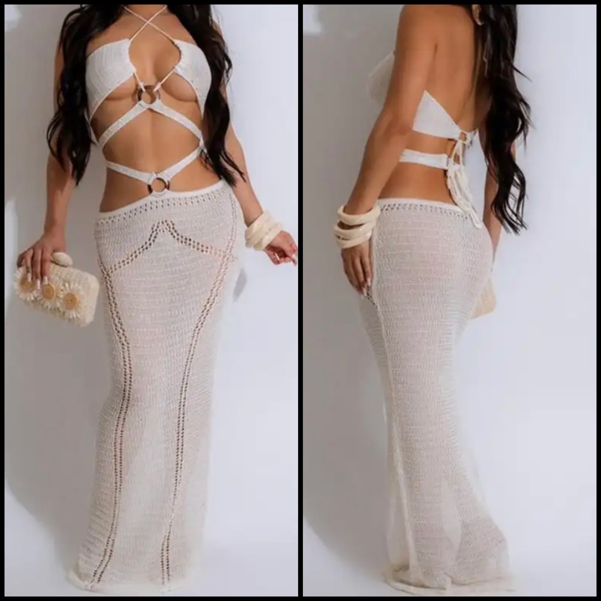 Women White Sexy Sleeveless Criss Cross Cut Out Knitted Maxi Dress