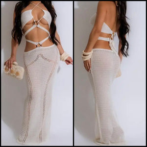 Women White Sexy Sleeveless Criss Cross Cut Out Knitted Maxi Dress