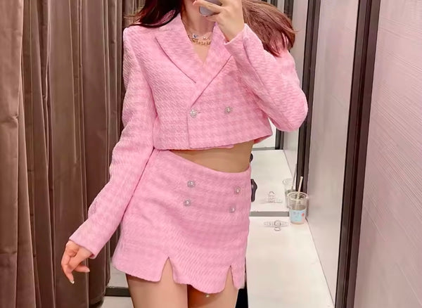 Women Sexy Pink Tweed Bling Button Blazer Two Piece Short Set