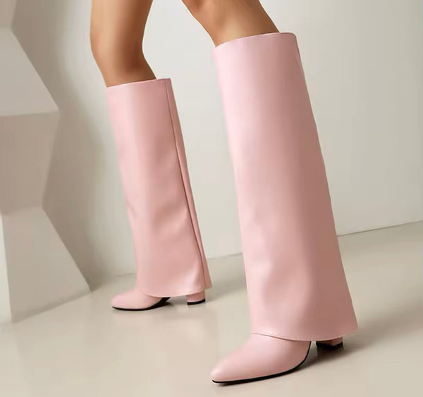 Women Color Pointed Toe Faux Leather Knee High Boots