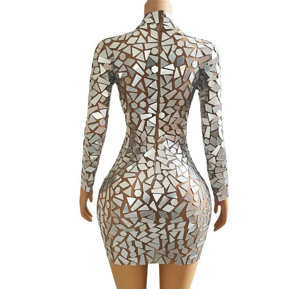 Women Sexy Silver Mirror Full Sleeve Mesh Hollow Out Dress