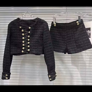Women Black Gold Button Full Sleeve Blazer Tweed Two Piece Short Set