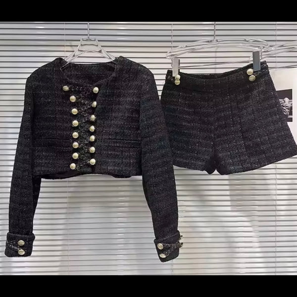 Women Black Gold Button Full Sleeve Blazer Tweed Two Piece Short Set