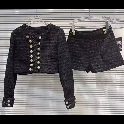 Women Black Gold Button Full Sleeve Blazer Tweed Two Piece Short Set