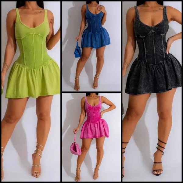 Women Sexy Sleeveless Solid Color Pleated Dress