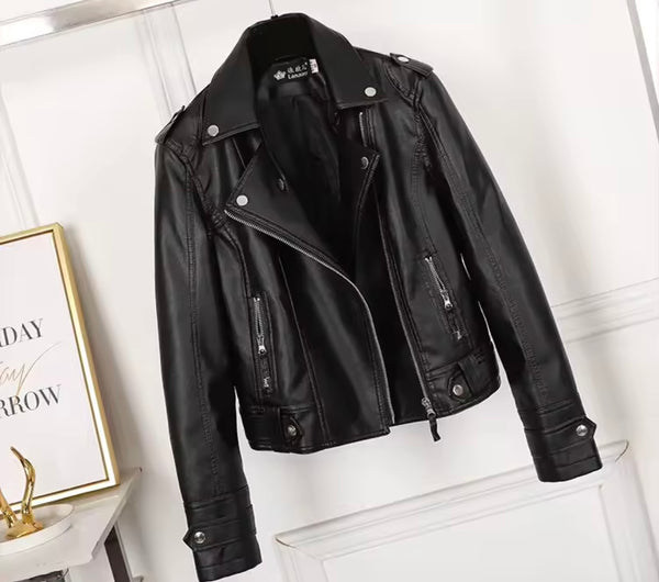 Women Color Zip Up Fashion Faux Leather Jacket