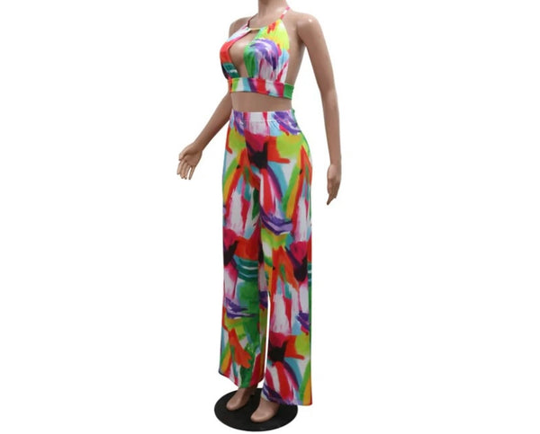 Women Sexy Halter Sleeveless Multicolored Print Two Piece Pant Set