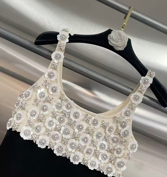 Women Sexy B&W Beaded Bling Sleeveless Maxi Dress