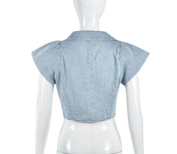 Women Sleeveless Buckled Fashion Denim Crop Top