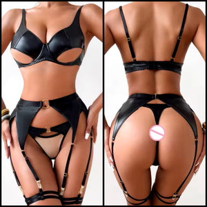 Women Sexy Black PU Mesh Thong Lingerie Set