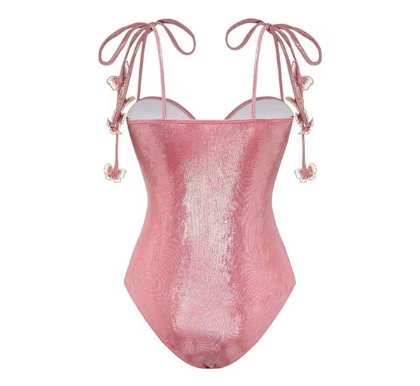 Women Sexy Pink Sparkly Butterfly Swimsuit Cover Up Set