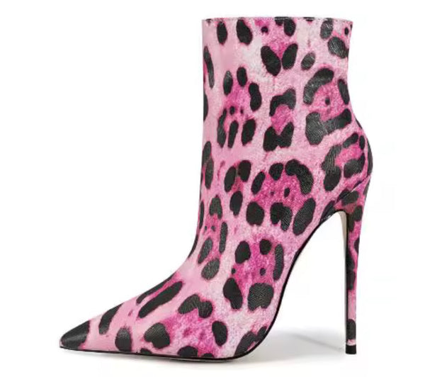 Women Color Leopard Print Fashion High Heel Ankle Boots
