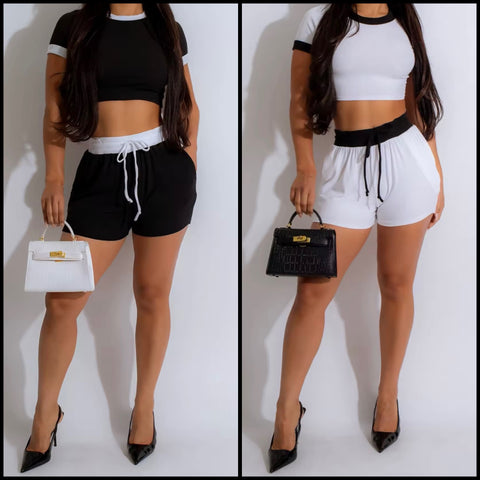 Women Fashion B&W Short Sleeve Two Piece Drawstring Short Set