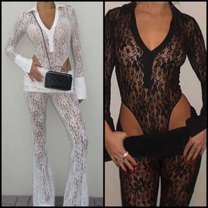Women Sexy Collar Full Sleeve Lace Bodysuit Two Piece Pant Set