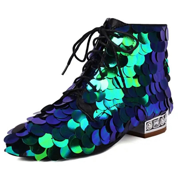 Women Fashion Lace Up Sequins Ankle Boots