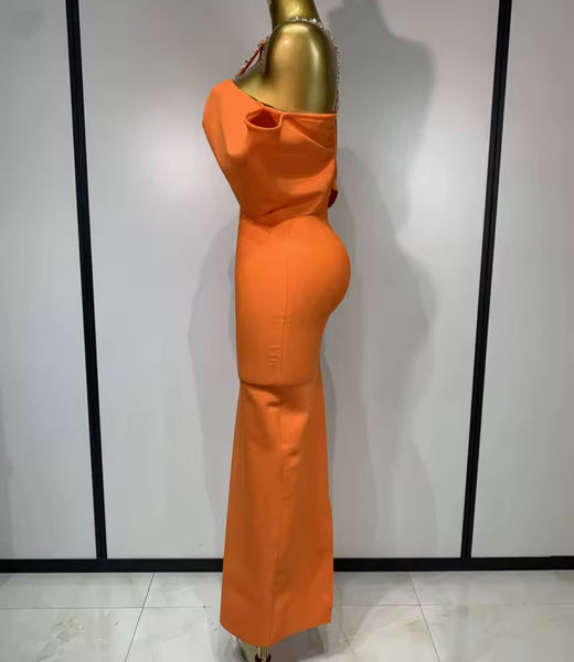 Women Sexy Orange Rhinestone Halter Off The Shoulder Maxi Dress
