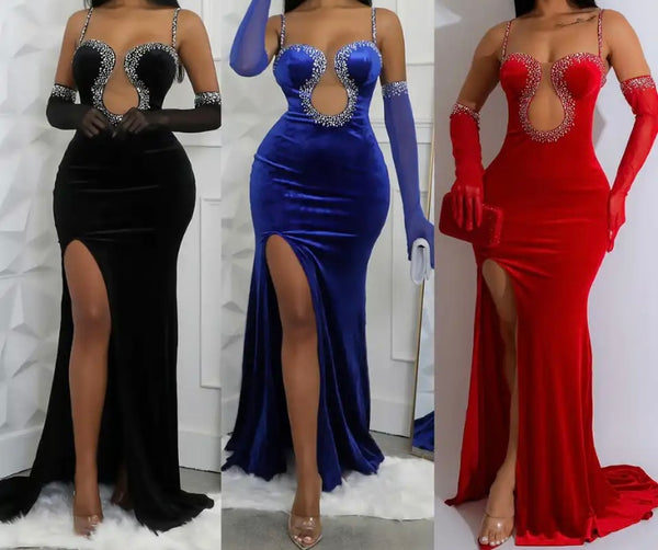 Women Sexy Sleeveless Velour Bling Mesh Patchwork Glove Maxi Dress