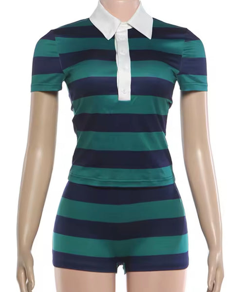 Women Collar Striped Short Sleeve Two Piece Short Set