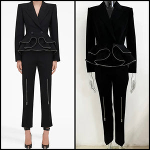 Women Black Button Up Ruffled Zipper Two Piece Blazer Pant Set