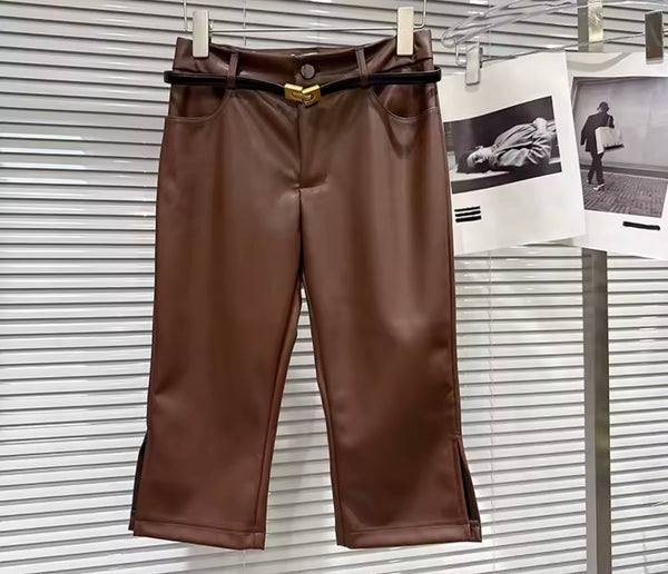 Women Color Fashion Faux Leather Capri Pants