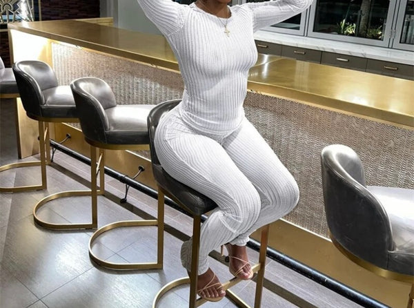 Women Sexy See Through Solid Color Full Sleeve Two Piece Pant Set