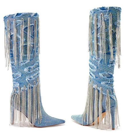 Women Fashion Pointed Toe Bling Rhinestone Tassel Denim Knee High Boots