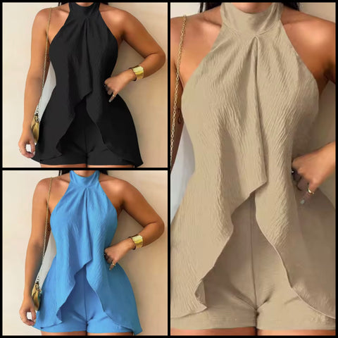 Women Halter Sleeveless Open Back Color Ruffled Romper