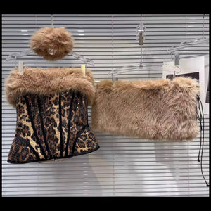 Women Sexy Sequins Leopard Faux Fur Three Piece Skirt Set