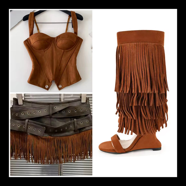 Women Fashion Buckled Fringe Tassel Faux Leather Skirt