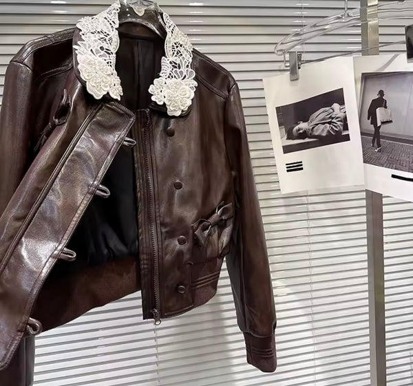 Women Brown Lace Patchwork Bow Faux Leather Jacket