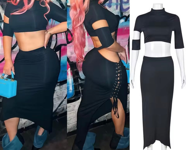 Women Black Sexy Short Sleeve Cut Out Lace Up Two Piece Skirt Set