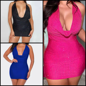 Women Sexy Sparkle V-Neck Halter Sleeveless Dress