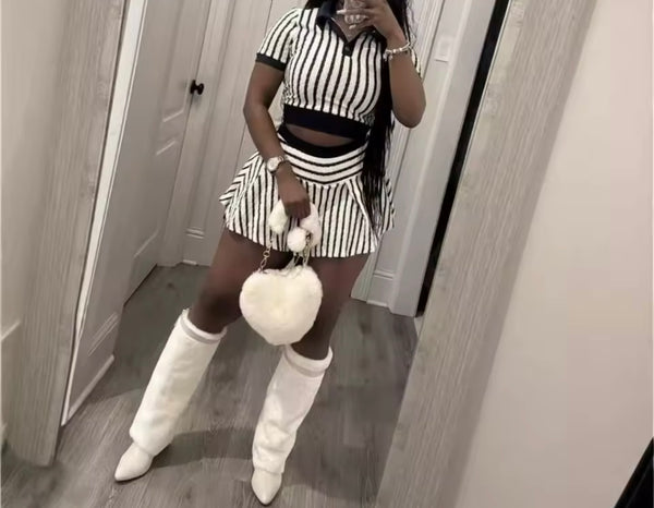 Women Sexy B&W Striped Short Sleeve Two Piece Skirt Set