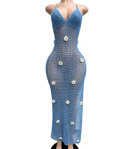 Women Sexy Halter Sleeveless Floral Knitted Maxi Dress