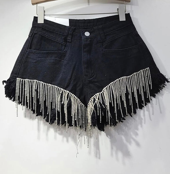 Women Fashion Color Rhinestone Tassel Denim Shorts