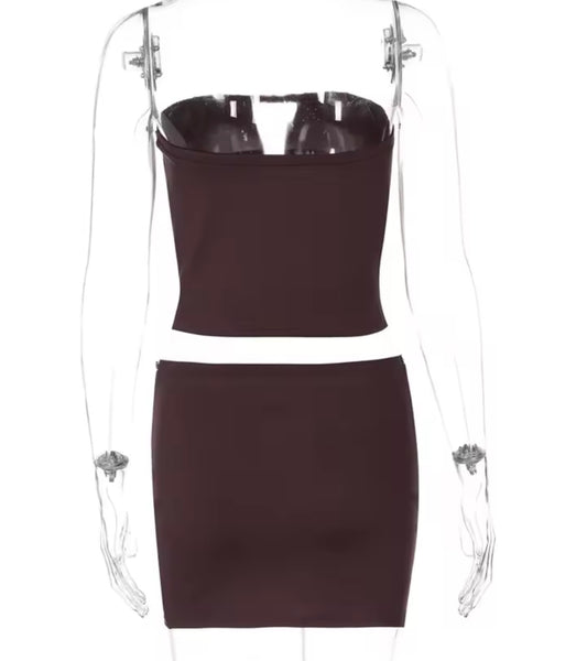 Women Brown Sexy Strapless Rivet Ruched Two Piece Skirt Set